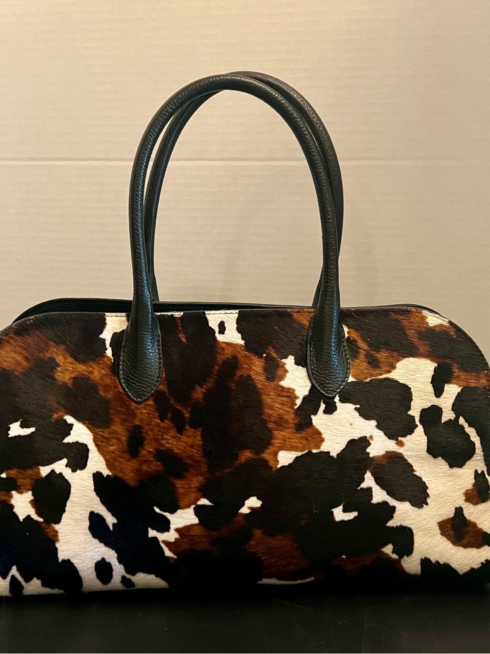 Cowhide Pattern Top-Handle Women's Bag in Brown and Black